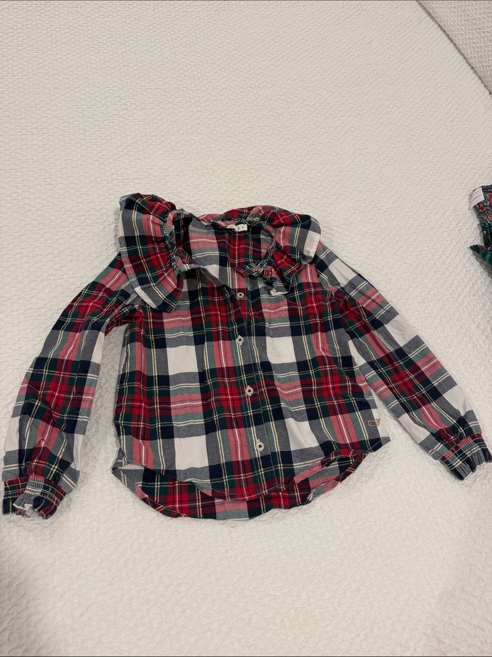 Girls Red Navy Plaid Ruffle Collar Button-Down Shirt
